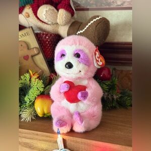 Ty Beanie Bellies Sloth Pink and White Plush with Red Heart NWT